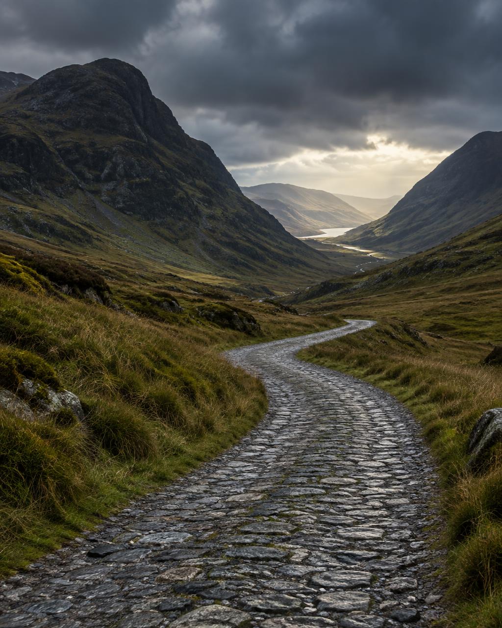 A stone road winding through a mountain valley