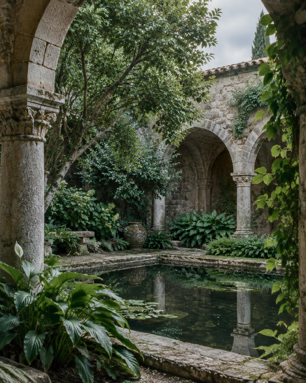 A planted courtyard with stone arches and reflecting pool